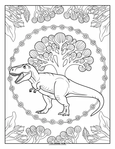 Coloriage de T-Rex pour adultes : Un T-Rex se tient dans un anneau floral avec des motifs d'arbres remplissant l'arrière-plan