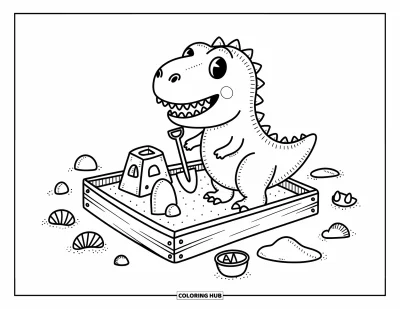 Coloriage de T-Rex pour adultes : Un T-Rex se tient dans un bac à sable avec des jouets, des coquillages et un château de sable à moitié construit