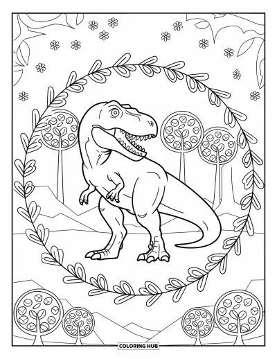 Coloriage de T-Rex pour adultes : Un T-Rex se tient sur un terrain rocheux encadré de cercles fleuris et d'arbres feuillus