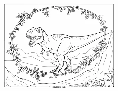 Coloriage de T-Rex pour adultes : Un T-Rex suit un chemin en spirale à travers des lianes en fleurs et un sol rocheux