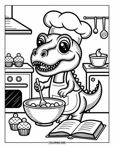 Coloriage de T-Rex pour adultes : Un T-Rex coiffé d'une toque remue un bol avec des œufs et de la farine à portée de main
