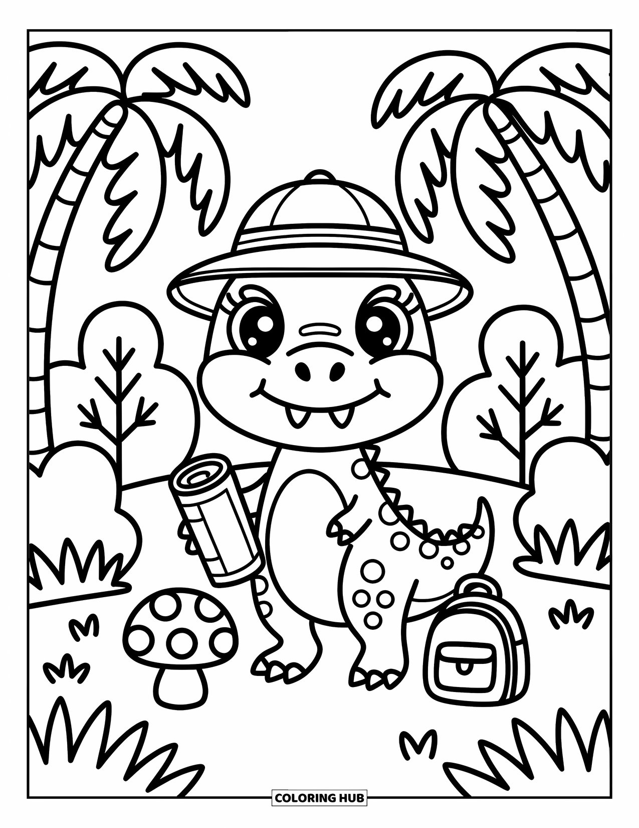 T-Rex Coloring Page for Adults: T-Rex wears a little explorer hat in the forest with a backpack and map