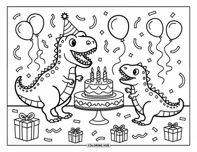 Coloriage de T-Rex pour adultes : Un T-Rex coiffé d'un chapeau de fête sourit devant un gâteau entouré d'amis dinos et de ballons