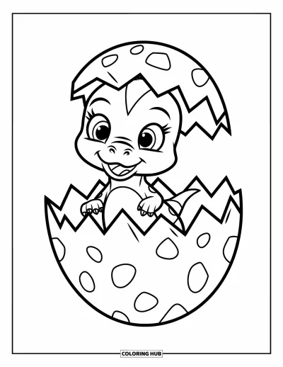 Coloriage de T-Rex pour enfants : Un bébé T-Rex éclot d'un œuf tacheté avec des traits vifs et joyeux