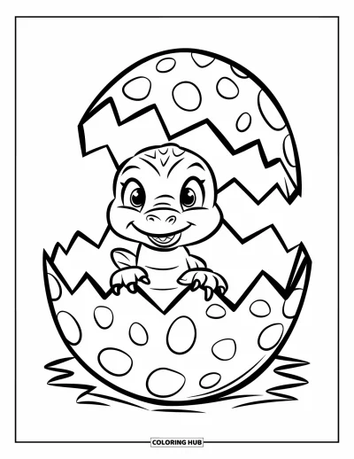 Coloriage de T-Rex pour enfants : Un bébé T-Rex est assis dans un œuf fissuré avec un grand sourire sur fond simple