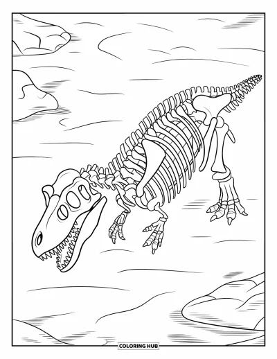 Coloriage de T-Rex pour enfants : Un squelette de T-Rex enterré repose dans un désert aride avec un sol craquelé