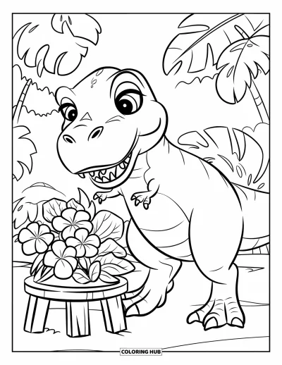 Coloriage de T-Rex pour enfants : Un T-Rex joyeux arrange des fleurs tropicales sur un présentoir en bois