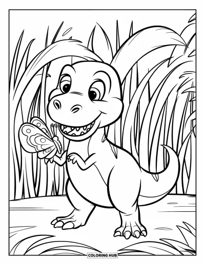 Coloriage de T-Rex pour enfants : Un T-Rex enjoué tient un papillon près d'herbes anciennes qui se balancent