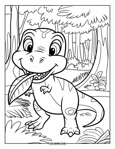 Coloriage de T-Rex pour enfants : Un T-Rex joyeux aux grands yeux tient une feuille près de plantes et d'arbres