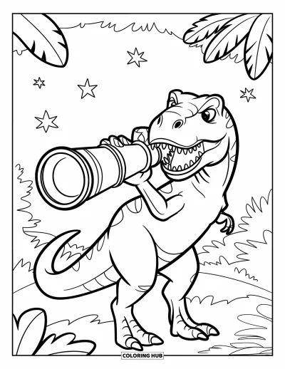 Coloriage de T-Rex pour enfants : Un T-Rex curieux observe les étoiles avec un télescope orné de feuilles dans la forêt