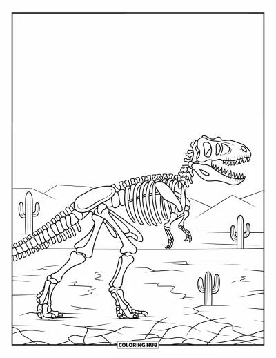 Coloriage de T-Rex pour enfants : Un squelette de dinosaure est à moitié enterré dans un désert avec des cactus à proximité