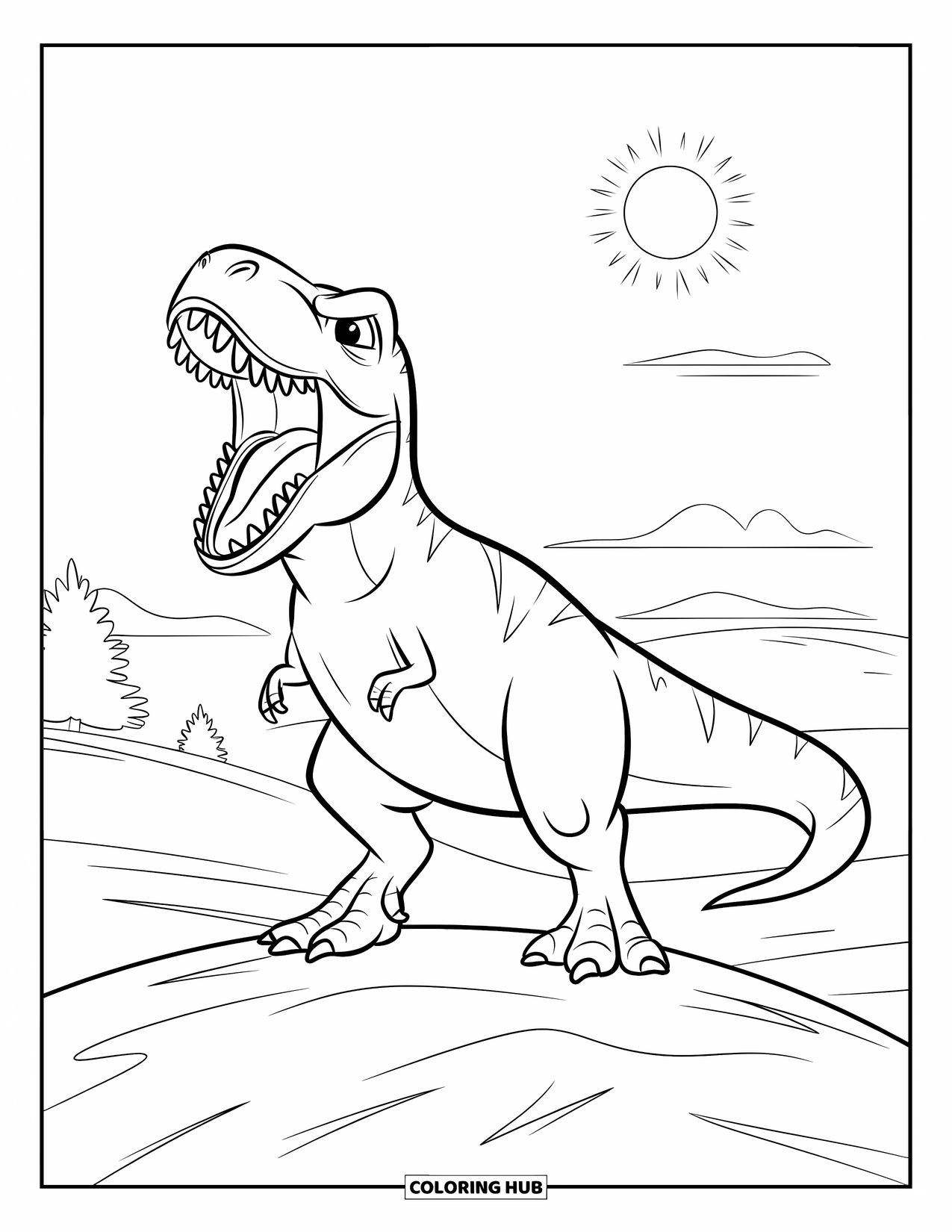 T-Rex Coloring Page for Kids: A fierce T-Rex roars with sunlight and clouds behind