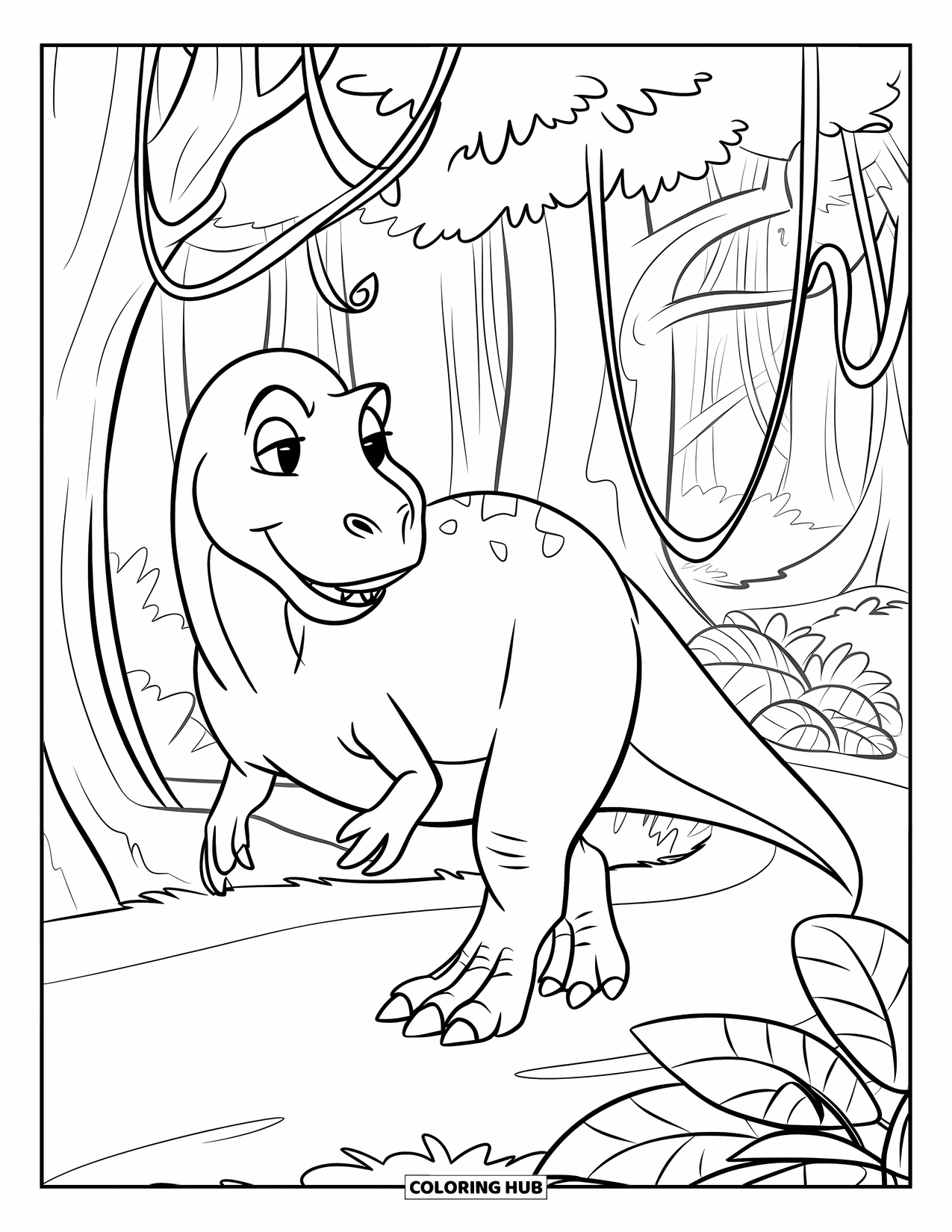 T-Rex Coloring Page for Kids: A gentle T-Rex walks on a jungle path lined with vines and trees