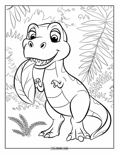 Coloriage de T-Rex pour enfants : Un T-Rex heureux tient une grande feuille près d'une petite fougère dans la forêt