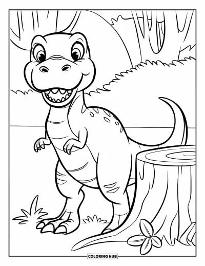 Coloriage de T-Rex pour enfants : Un T-Rex heureux se tient à côté d'une souche d'arbre entourée de plantes qui poussent