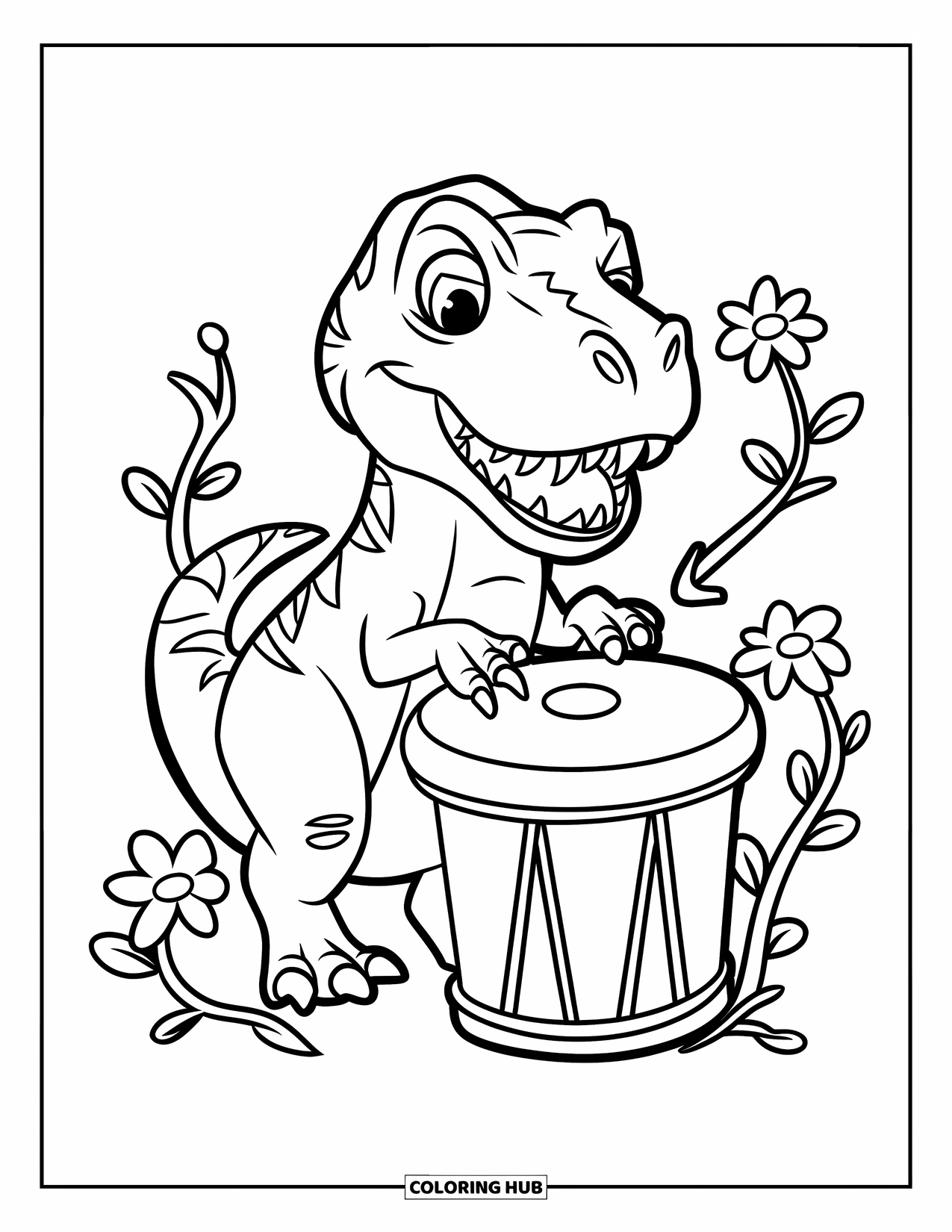 T-Rex Coloring Page for Kids: A happy T-Rex taps a bongo surrounded by flowers and leafy vines