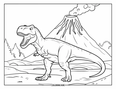 Coloriage de T-Rex pour enfants : Un T-Rex rugit bruyamment tandis que de la fumée s'élève d'un volcan rocheux tout proche