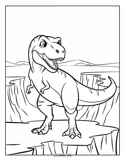 Coloriage de T-Rex pour enfants : Un T-Rex rugissant veille sur un canyon avec des collines au loin