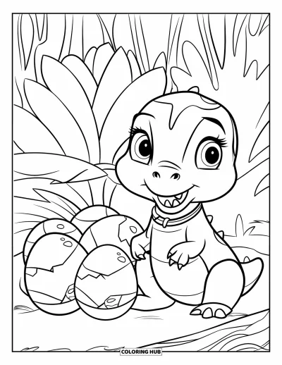 Coloriage de T-Rex pour enfants : Un bébé T-Rex souriant avec un collier est assis près d'œufs de dinosaure fissurés et de grandes plantes