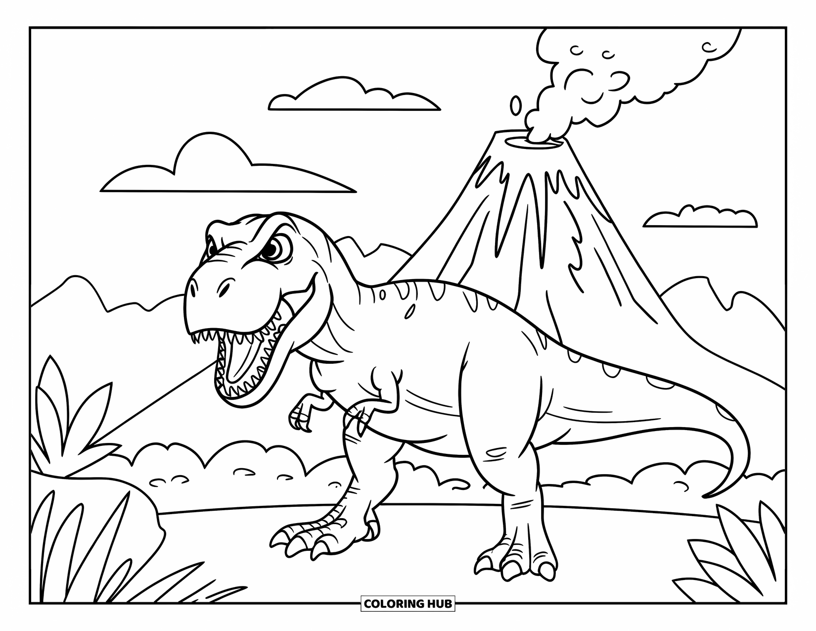 T-Rex Coloring Page for Kids: A smiling T-Rex roars near a volcano in a jungle with mountains