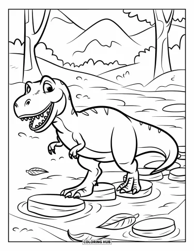 Coloriage de T-Rex pour enfants : Un T-Rex souriant traverse un ruisseau forestier entre des rochers et des feuilles