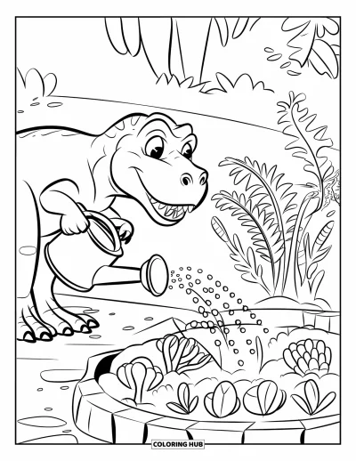 Coloriage de T-Rex pour enfants : Un T-Rex souriant arrose des légumes avec un arrosoir en pierre dans un champ verdoyant