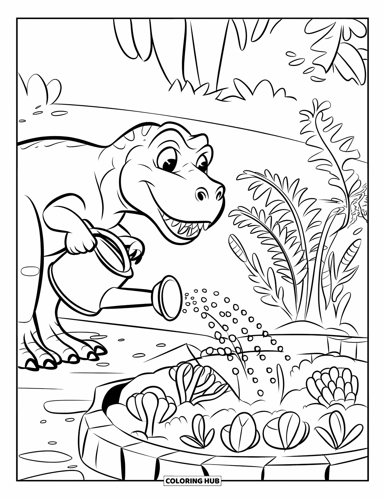 T-Rex Coloring Page for Kids: A smiling T-Rex waters veggies from a stone can in a green field