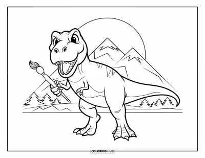 Coloriage de T-Rex pour enfants : Un T-Rex tient un pinceau devant des montagnes et un vaste ciel