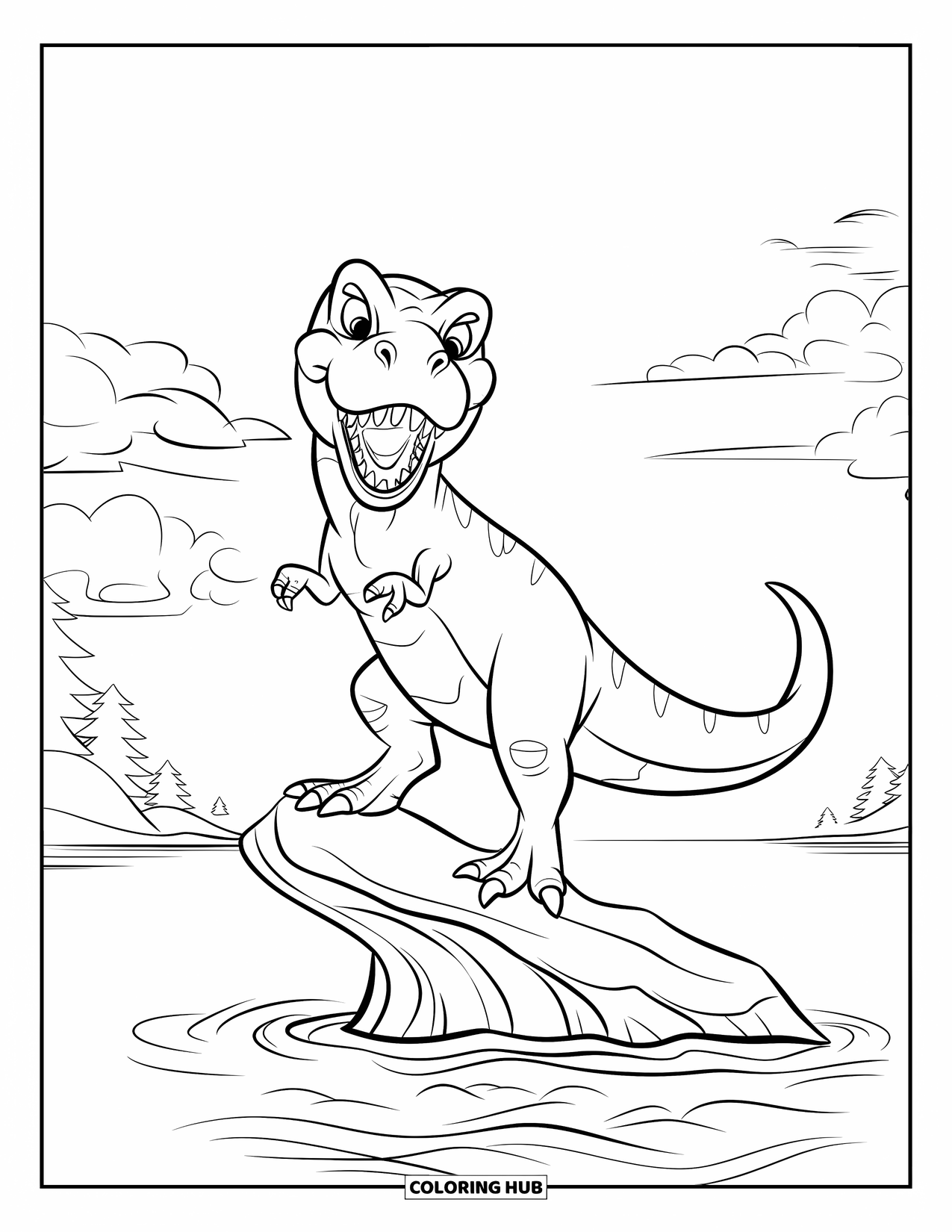 T-Rex Coloring Page for Kids: A wide-eyed T-Rex balances on rock as trees and clouds surround