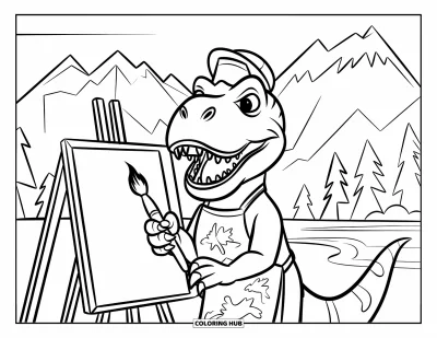 Coloriage de T-Rex pour enfants : Un T-Rex artiste en tablier peint joyeusement près de l'eau et de hauts sommets