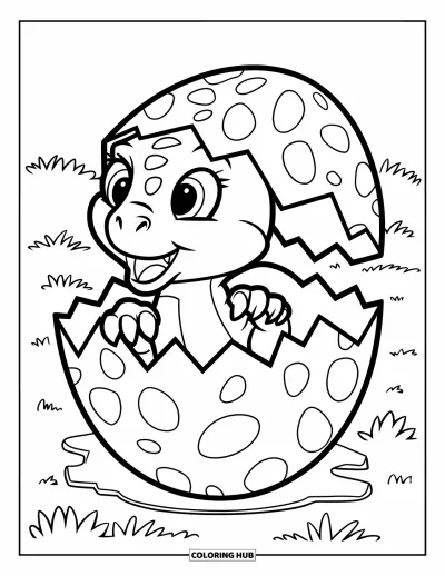 Coloriage de T-Rex pour enfants : Un bébé T-Rex émerge d'un œuf tacheté dans un champ vert ensoleillé