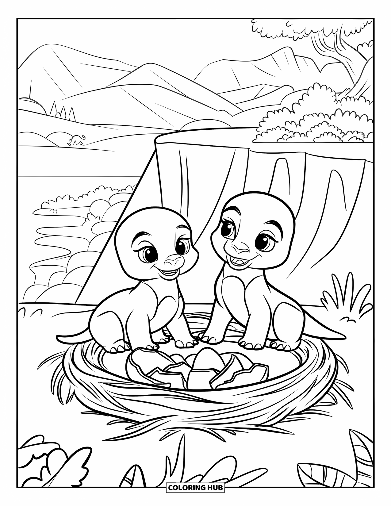 T-Rex Coloring Page for Kids: Baby T-Rexes with hats rest near a cliffside nest of broken eggs