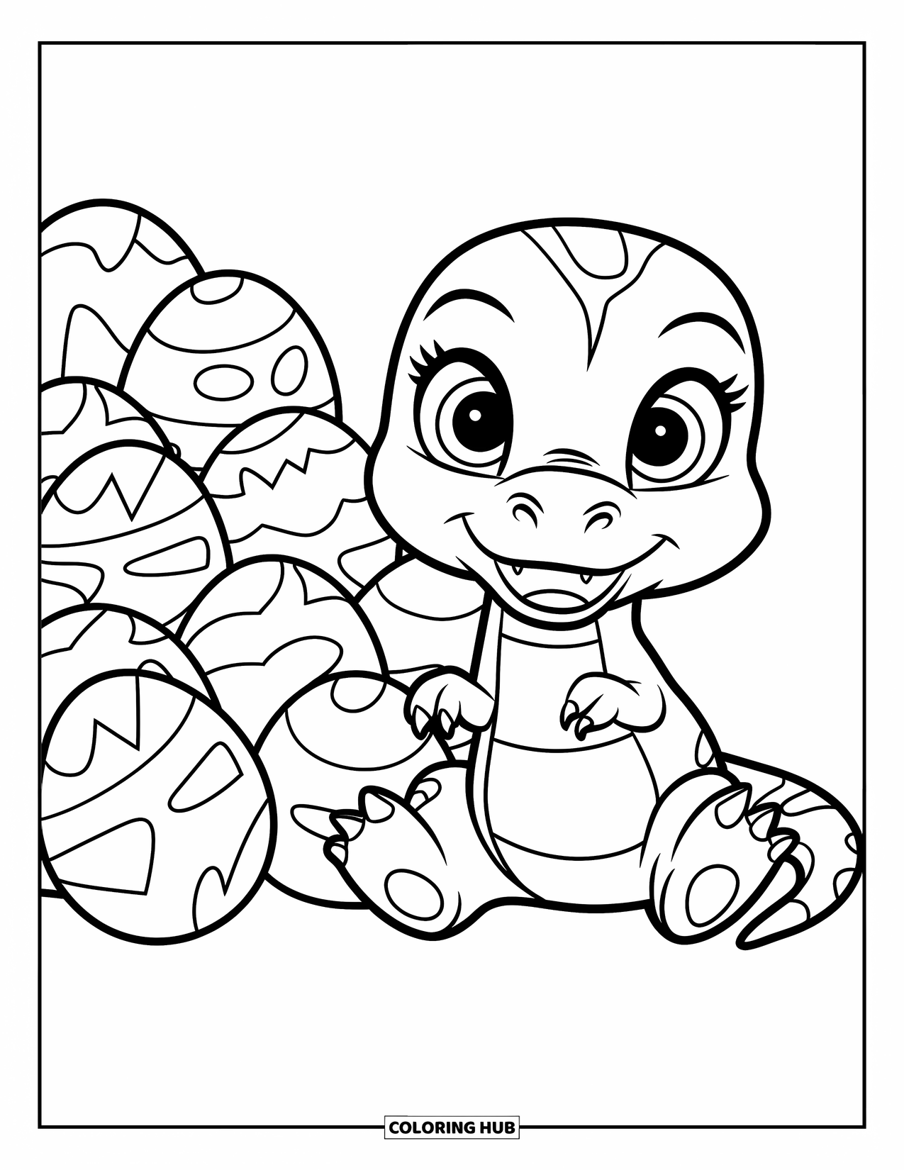 T-Rex Coloring Page for Kids: Cheerful baby T-Rex with big eyes rests beside a neat pile of eggs