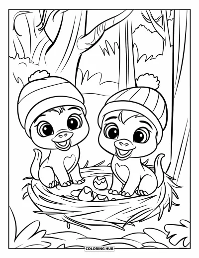 Coloriage de T-Rex pour enfants : De mignons bébés T-Rex sont assis près d'un nid dans les arbres avec des œufs brisés