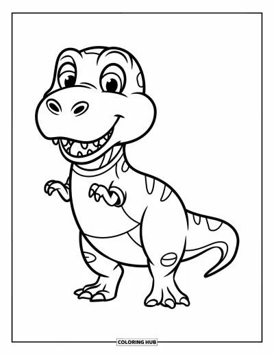 Coloriage de T-Rex pour enfants : Un adorable T-Rex souriant se tient debout sur ses deux pattes avec ses petits bras et un air joyeux