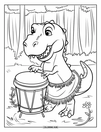 Coloriage de T-Rex pour enfants : Un T-Rex batteur joue des bongos parmi des lianes et de grands arbres tropicaux