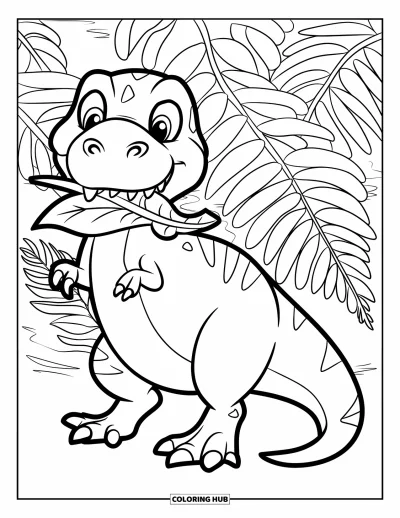 Coloriage de T-Rex pour enfants : Un T-Rex amical avec une feuille dans la gueule se tient joyeusement dans une forêt de fougères