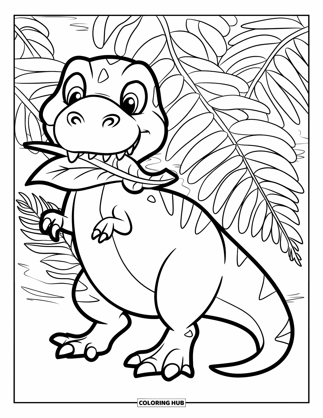 T-Rex Coloring Page for Kids: Friendly T-Rex with a leaf in its mouth stands cheerfully in a ferny forest