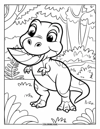 Coloriage de T-Rex pour enfants : Un T-Rex souriant se tient sur l'herbe avec une grande feuille dans la gueule près de fougères
