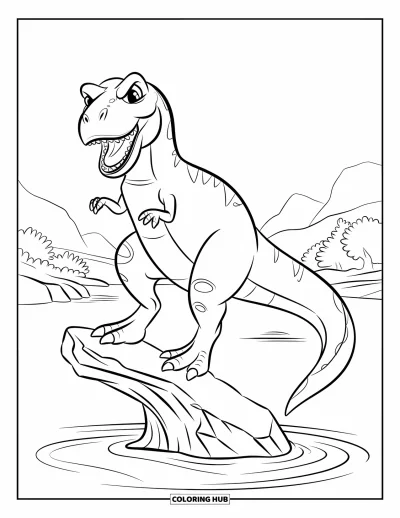 Coloriage de T-Rex pour enfants : Un T-Rex s'équilibre sur une dalle rocheuse en forme de vague au-dessus de l'eau