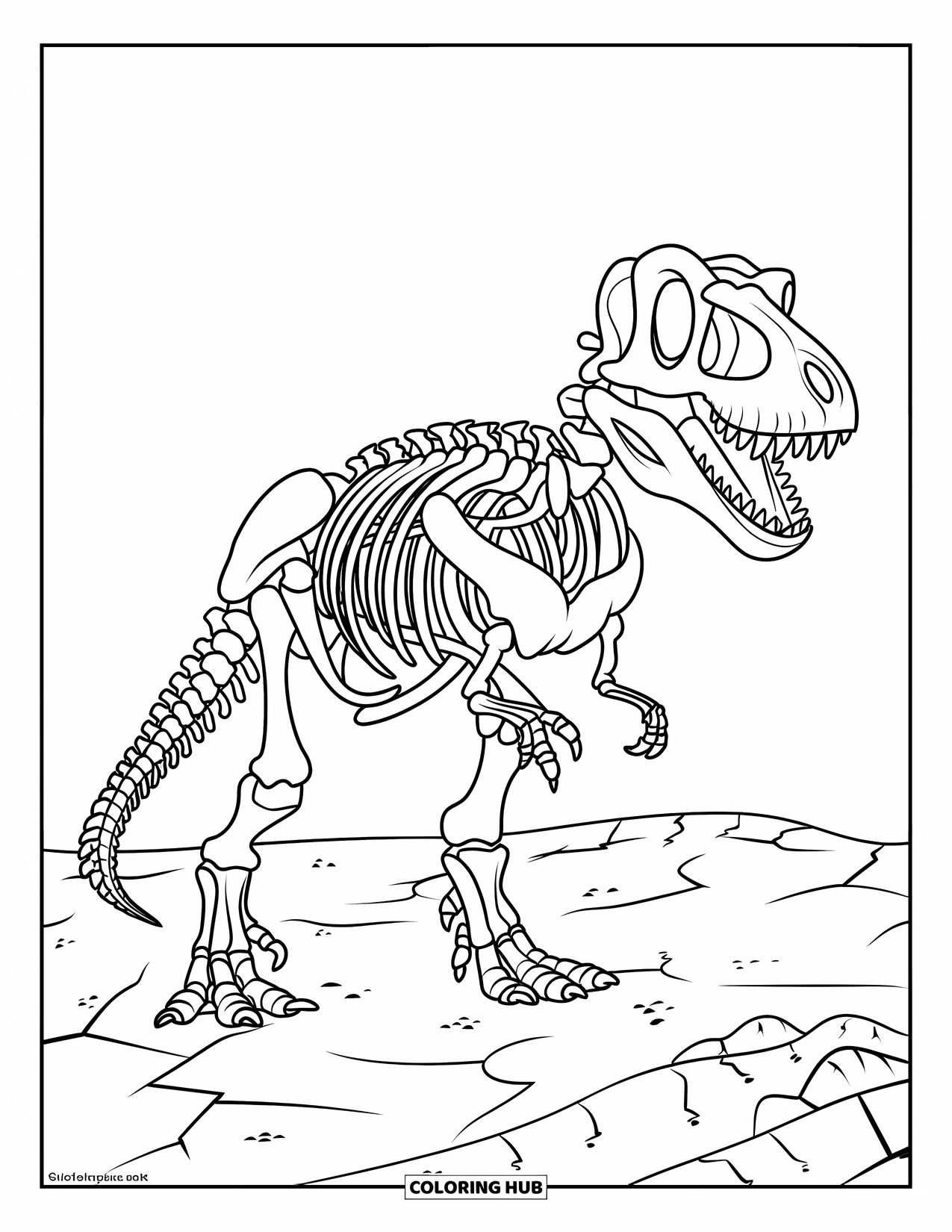 T-Rex Coloring Page for Kids: T-Rex bones peek from cracked earth with rocks and desert details