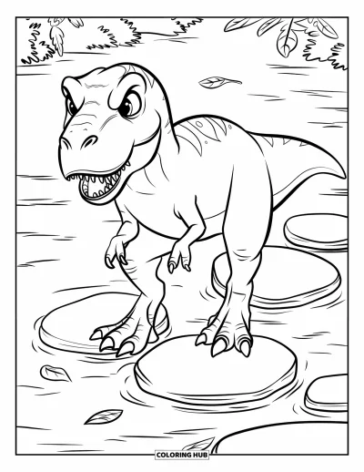 Coloriage de T-Rex pour enfants : Un T-Rex traverse un ruisseau sur des pierres avec des feuilles qui flottent alentour