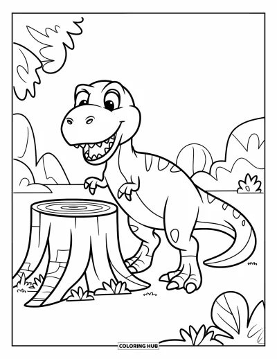Coloriage de T-Rex pour enfants : Un T-Rex sourit à côté d'une souche d'arbre avec des feuilles et des rochers éparpillés