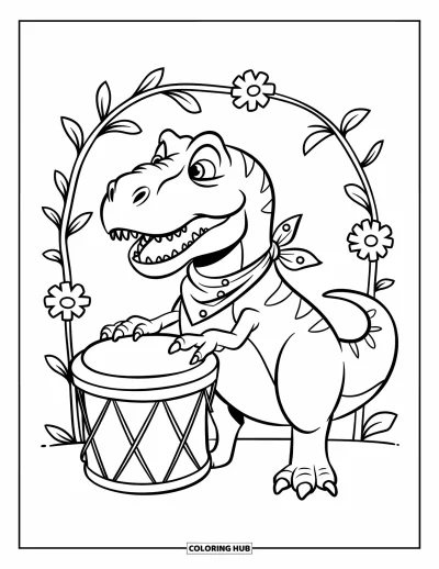 Coloriage de T-Rex pour enfants : Un T-Rex coiffé d'un bandana frappe un tambour entouré de plantes de la jungle