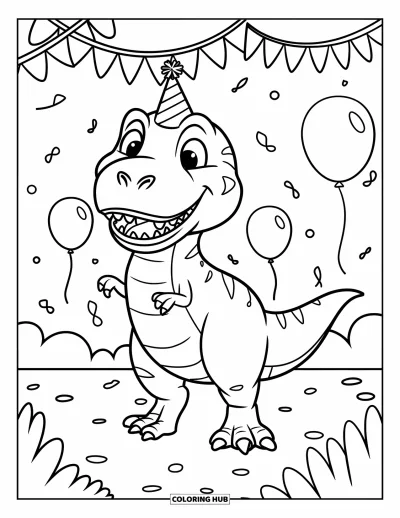Coloriage de T-Rex pour enfants : Un T-Rex coiffé d'un chapeau de fête sourit parmi des ballons et des serpentins dans un espace festif