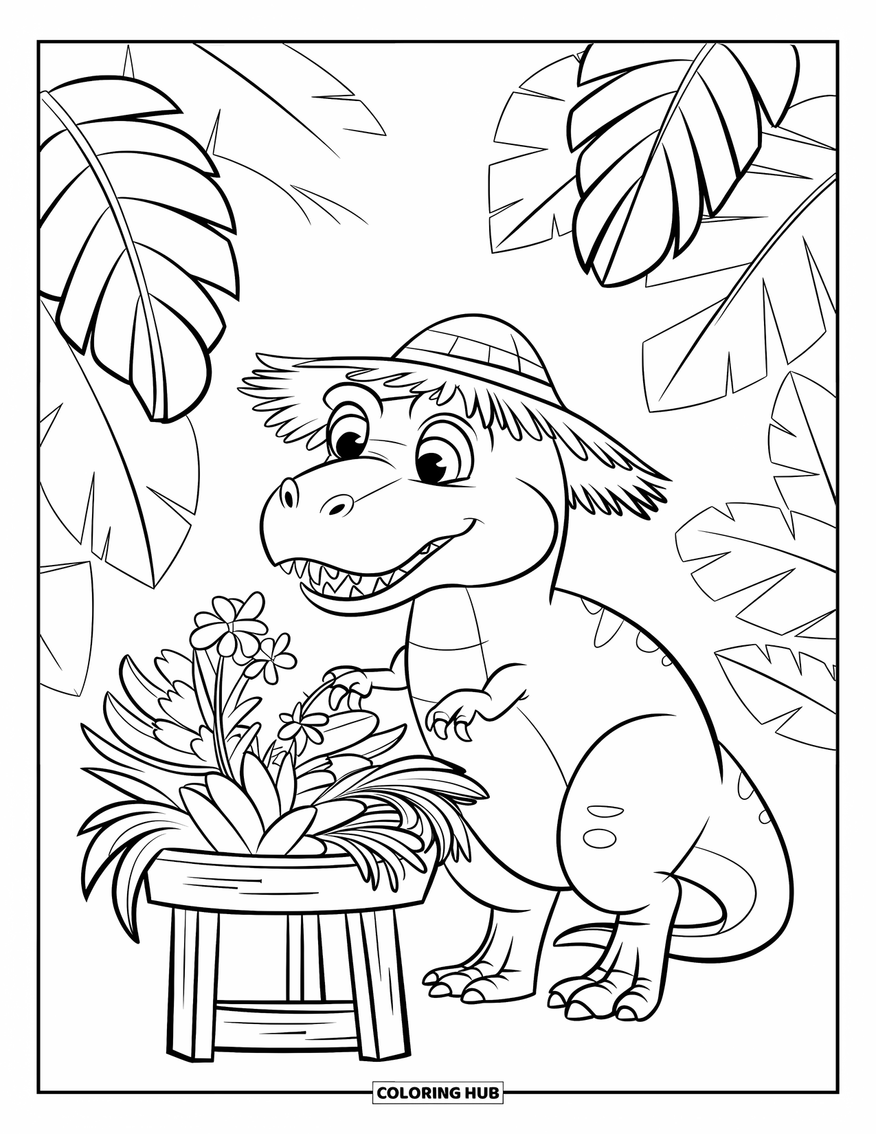 T-Rex Coloring Page for Kids: T-Rex in a straw hat places flowers on a stand in the jungle
