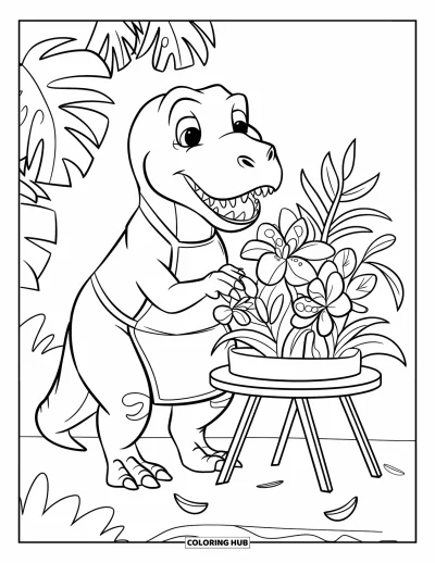 Coloriage de T-Rex pour enfants : Un T-Rex en tablier arrange des fleurs tropicales avec des pétales éparpillés en dessous