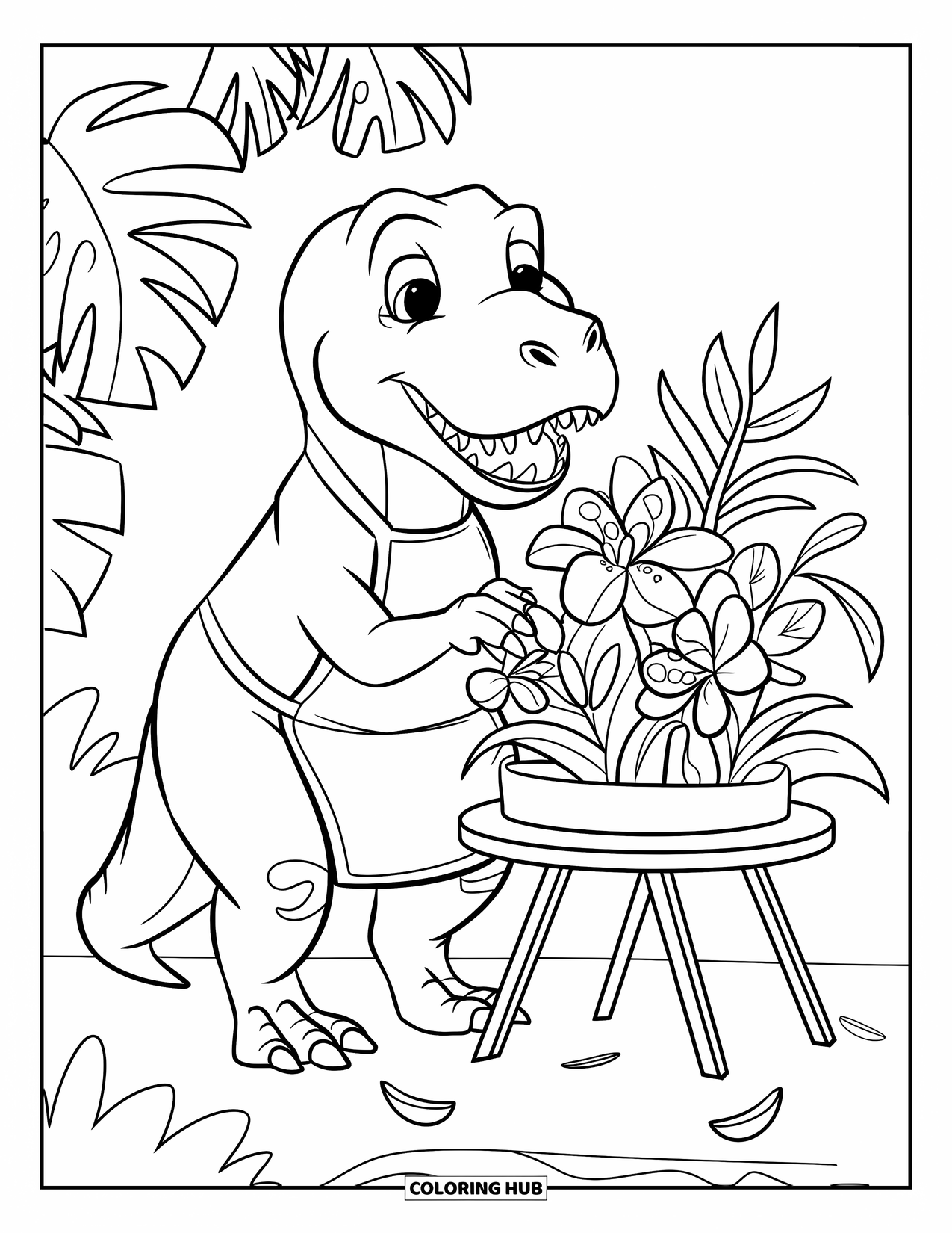 T-Rex Coloring Page for Kids: T-Rex in an apron arranges tropical blooms, petals scattered below