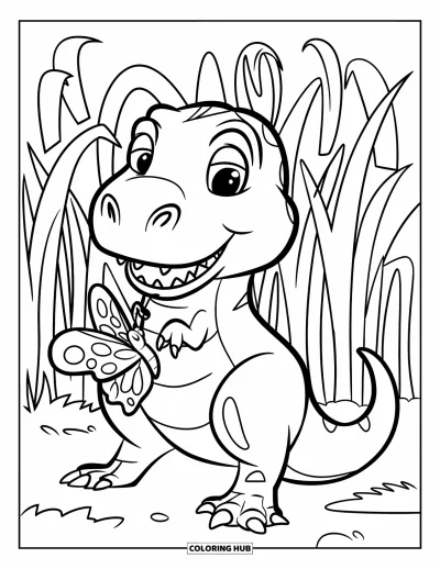 Coloriage de T-Rex pour enfants : Un T-Rex joyeux tient un papillon entre ses pattes près de grandes herbes