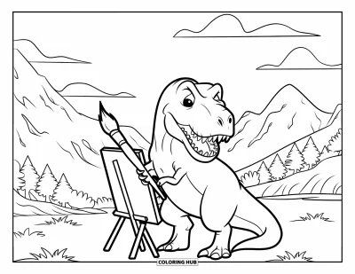 Coloriage de T-Rex pour enfants : Un T-Rex peint avec joie devant des arbres, des montagnes et des nuages moelleux